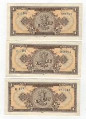 1 leu 1952 - 3 bancnote , serii consecutive
