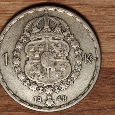 Suedia - moneda de colectie - argint - 1 krona 1948 - Gustaf V - frumoasa!