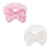 Elastice de par cu fundite din imitatie de blana, Roz si Alb, cu paiete, 2 buc, 8 cm, CMCLASS