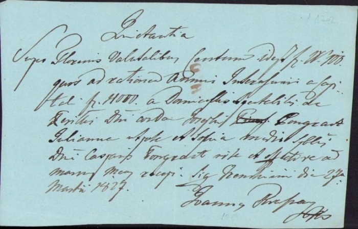 A314 Chitanță olografă, 1827, &icirc;n limba latină