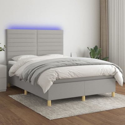 vidaXL Pat cu arcuri, saltea și LED, gri deschis, 140x190 cm, textil 3135509 foto