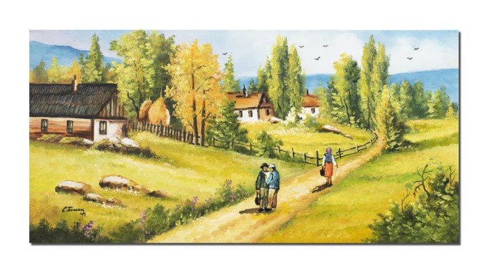 Tablou pictat manual living, Amintiri din copilarie, la bunici, 120x60cm ulei pe panza, Constantin Feraru