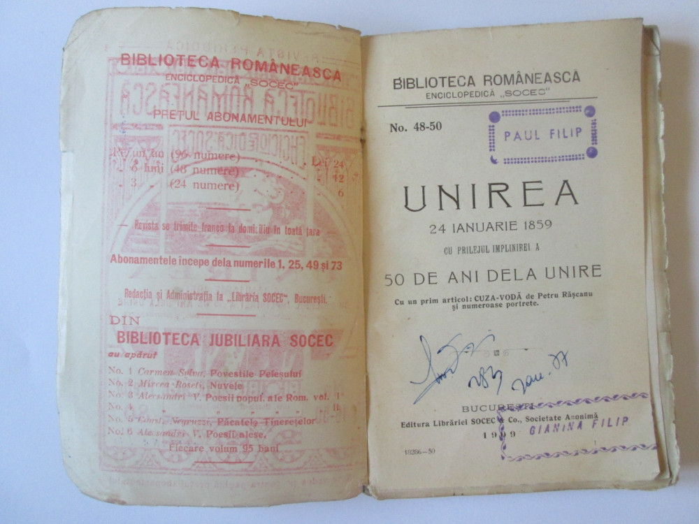 Raritate! Biblioteca Romaneasca-Enciclopedica Socec 1909,nr.48-50:Unirea 50  ani | Okazii.ro