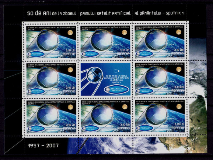 RO 2007 ,LP 1785b ,&quot;50 ani satelitul Sputnik 1&quot;- mcoala de 8M+vinieta ,MNH
