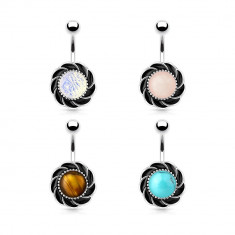 Piercing de buric, din oțel, floare cu petale negre și centru rotund - Culoare Piercing: Maro - Negru