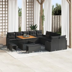 Set canapele gradina Gossi 13 piese pernute negru poliratan acacia, set canapea gradina Gossi 2 piese pernute negru poliratan, set masa gradina Gossi
