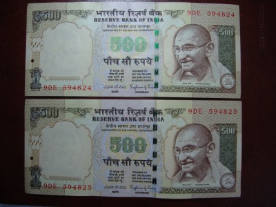 INDIA 500 RUPII 2014 AUNC/UNC SERII CONSECUTIVE foto