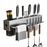 Organizator de perete, pentru bucatarie, 40 cm, 6 carlige, un suport pentru prosoape, din otel