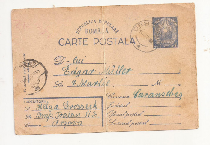 RS1 Carte Postala Romania - circulata 1950 Orsova-Caransebes