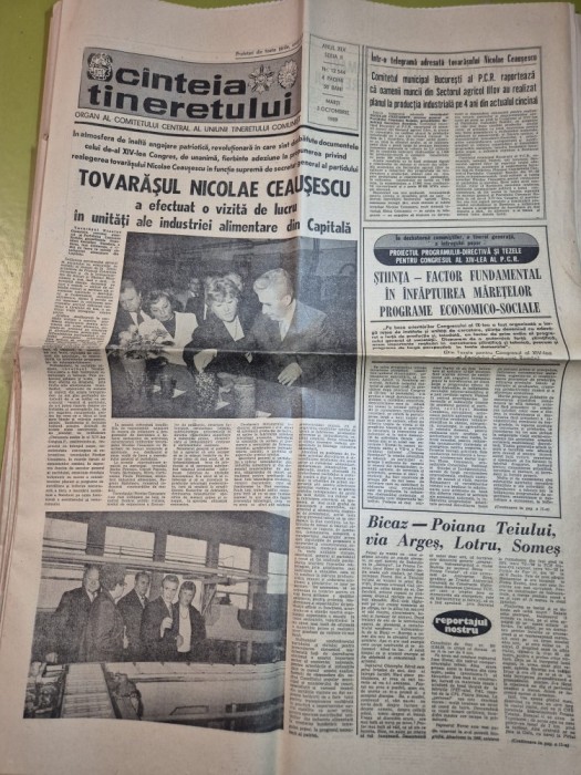 ziarul scanteia tineretului 3 octombrie 1989 - vizita lui ceausescu in unitatile alimentare din capitala.art. bicaz,poiana teiului,lotru,somes