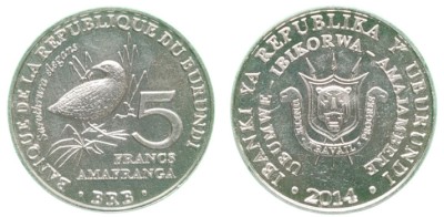 Burundi 2014 - 5 francs, sarothrura elegans, UNC foto