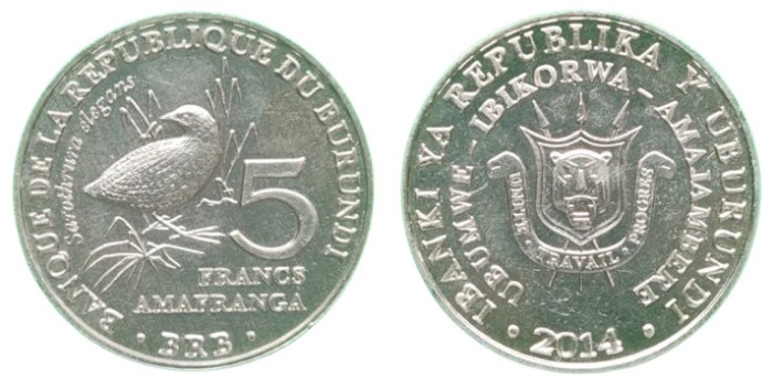 Burundi 2014 - 5 francs, sarothrura elegans, UNC