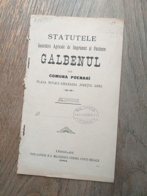 Statutele Societății Agricole Galbenul, comuna Poienari județul Gorj, 1901 foto