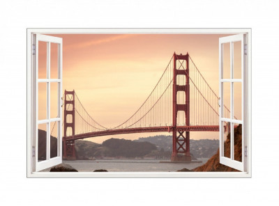 Sticker decorativ, Fereastra 3D, Podul Golden Gate, 85 cm, 641STK foto