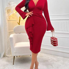 Rochie midi cu decolteu, maneca lunga, rosu, dama