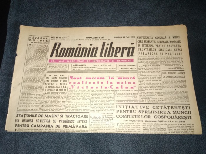 ZIARUL ROMANIA LIBERA 20 FEBRUARIE 1949
