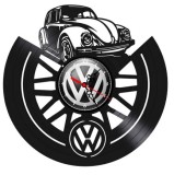 Ceas de perete decorativ realizat din disc de vinil, Model Volkswagen Broscuta / VW Beetle Retro, Negru, 30 cm