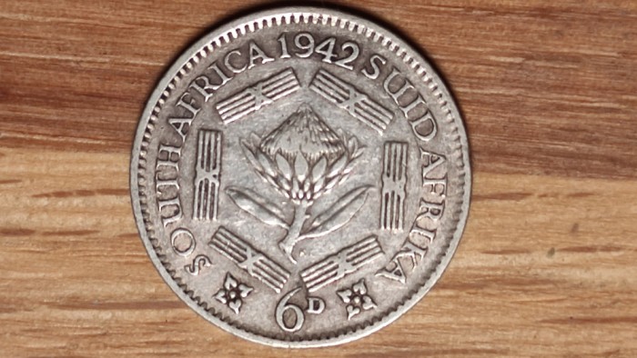 R08 Africa de sud - moneda de colectie argint 0.800 - 6 pence 1942 - George VI