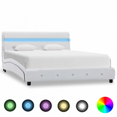 Cadru de pat cu LED, alb, 160 x 200 cm, piele artificială foto