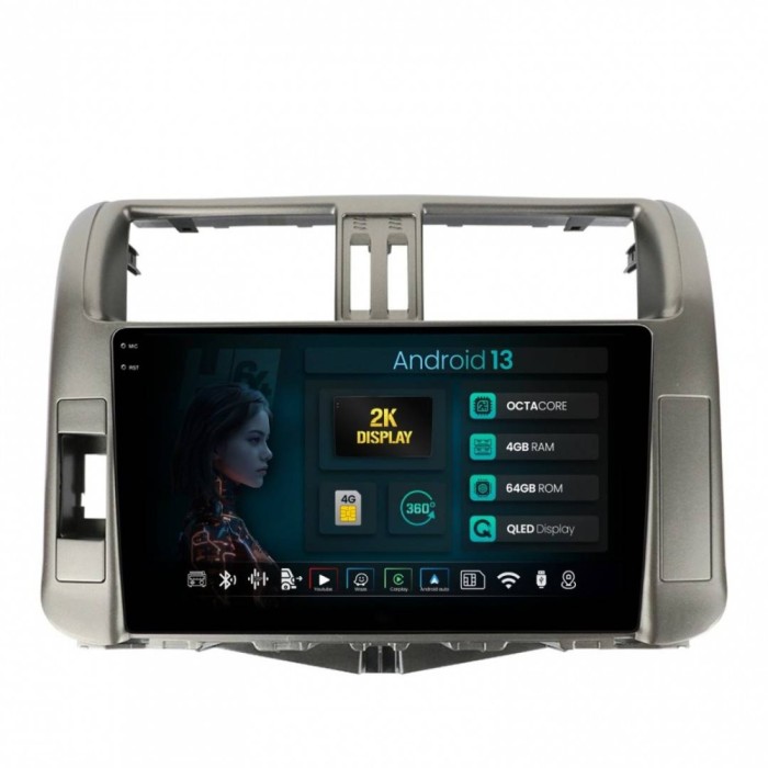 Navigatie 2K Toyota Land Cruiser Prado (2009-2013) 4GB RAM Android 13 Octacore Slot Sim 4G DSP GPS Wi-FI Carplay Android Auto USB Bluetooth Waze Touch