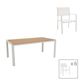 Cumpara ieftin Set de 7 buc masa si scaune de gradina Nares Moly aluminiu alb si placaj culoare naturala 180x90x72.5 cm
