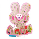 Joc montessori cu bile, flippy, creion magnetic, tip labirint, din lemn, model iepuras, 19.5x15.5 cm, roz