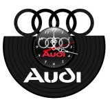 Ceas de perete decorativ realizat din disc de vinil, Model Sigla si Scris Audi, Negru, 30 cm