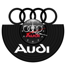 Ceas de perete decorativ realizat din disc de vinil, Model Sigla si Scris Audi, Negru, 30 cm