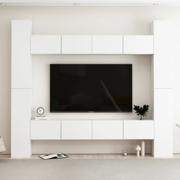 Set dulapuri TV, 8 piese, alb, lemn prelucrat