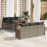 Set de sofa pentru gradina Gossi cu 7 piese si perne gri poliratan acacia, sofa pentru gradina Gossi cu 2 locuri si perne gri poliratan