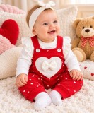 Compleu bebe fetiță roșu cu inimioare și fundiță, bluză albă și salopetă cu