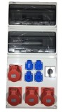 Tablou electric echipat cu 2 prize 16A 5 poli, 2 prize 32A 5 poli, 4 prize schuko si intrerupator general 63A IP44 32 module 685x330x150mm, Omu System