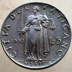 7.009 VATICAN PAPA PIUS XII IUSTITIA 5 LIRE 1952