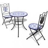 Set mobilier bistro, 3 piese, albastru/alb, placi ceramice GartenMobel Dekor, vidaXL