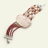 Brățară Granat, Perle Cultură &amp; Camee Argint 925 Placat Rodiu, Ajustabilă 18-24cm. Bijuterie Unicat Handmade Italia