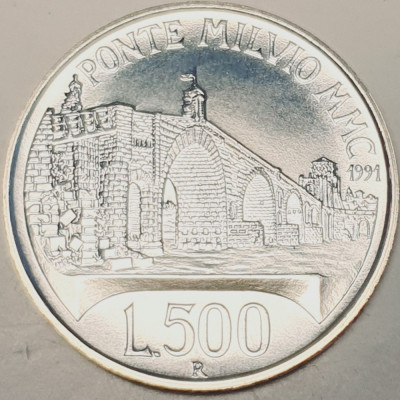 800 Italia 500 lire 1991 Ponte Milvio, Rome km 103 aunc-UNC argint foto