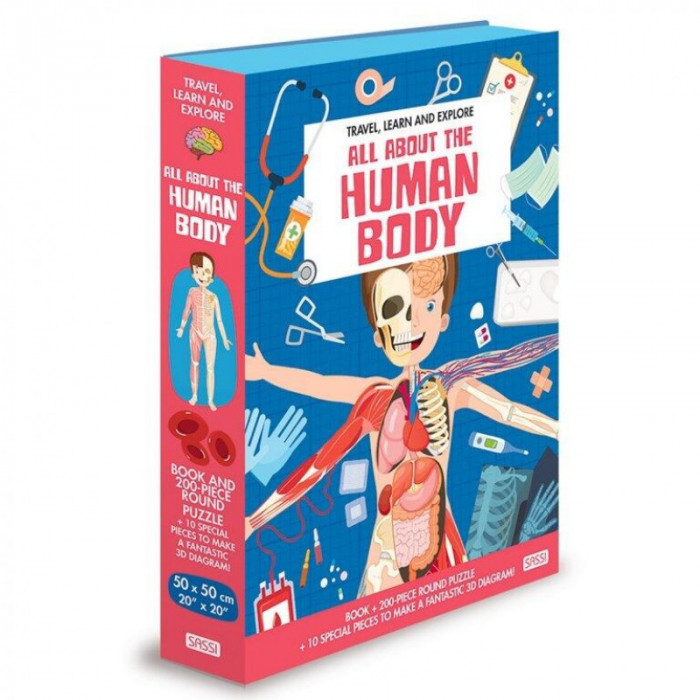 Carte pentru copii Cunoaste si exploreaza Totul despre corpul uman Sassi, 14 pagini, puzzle inclus, 200 piese, limba engleza, 6 ani+