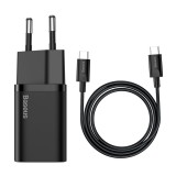 Incarcator priza baseus usb-c, pd25w, 3a cu cablu type-c to type-c, 1m, negru