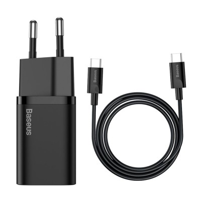 Incarcator priza baseus usb-c, pd25w, 3a cu cablu type-c to type-c, 1m, negru foto