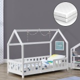 Pat copii cu saltea spuma rece Sisimiut 80 x 160 cm 70 Kg brad alb mat lacuit [en.casa] HausGarden Leisure