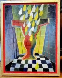 Scenă cu ploaie - Pictură &icirc;n ulei pe lemn semnata Gheorghe Constantin, Scene gen, Abstract
