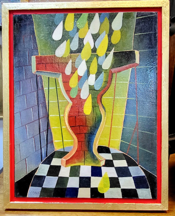 Scenă cu ploaie - Pictură &icirc;n ulei pe lemn semnata Gheorghe Constantin
