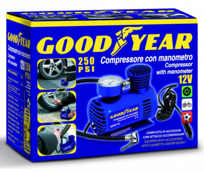 Goodyear Compressor Portabil Pentru Umflare Anvelope Cu Manometru + 3 Duze &amp;amp;quot;Strong&amp;amp;quot; 12 Atm 250Psi GDY0003 foto