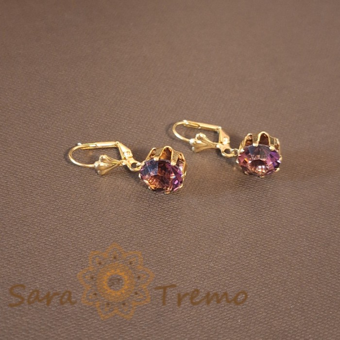 Cercei Placati cu Aur, Model Clasic cu Cristal Zirconia Mov Fatetat