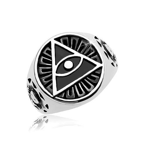 Inel din oțel 316L, cerc negru, patinat și triunghi cu ochi - Marime inel: 60