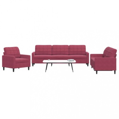 vidaXL Set canapea cu perne, 3 piese, roșu vin, catifea 3278435 foto