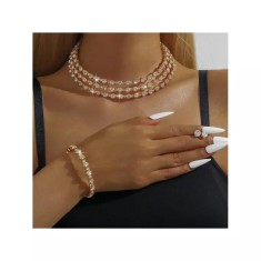 Set Bijuterii Cu Strasuri 4 Piese, Colier, Cercei si Bratara , Auriu - 69779