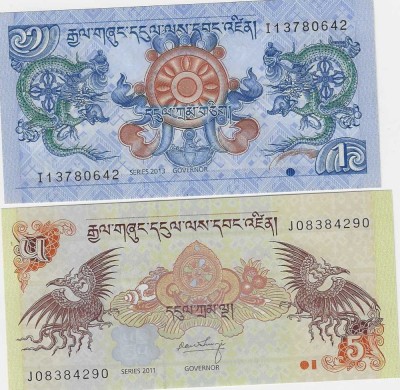 !!! BHUTAN - LOT 1 NG 2013 + 5 NG 2011 - P 27 b ; P 28 b - UNC / CELE DIN SCAN foto