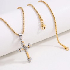 Lant Unisex Din Otel Inoxidabil Placat Aur Cu Pandantiv Crucifix Bicolor LC208E