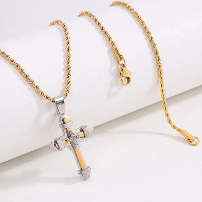 Lant Unisex Din Otel Inoxidabil Placat Aur Cu Pandantiv Crucifix Bicolor LC208E